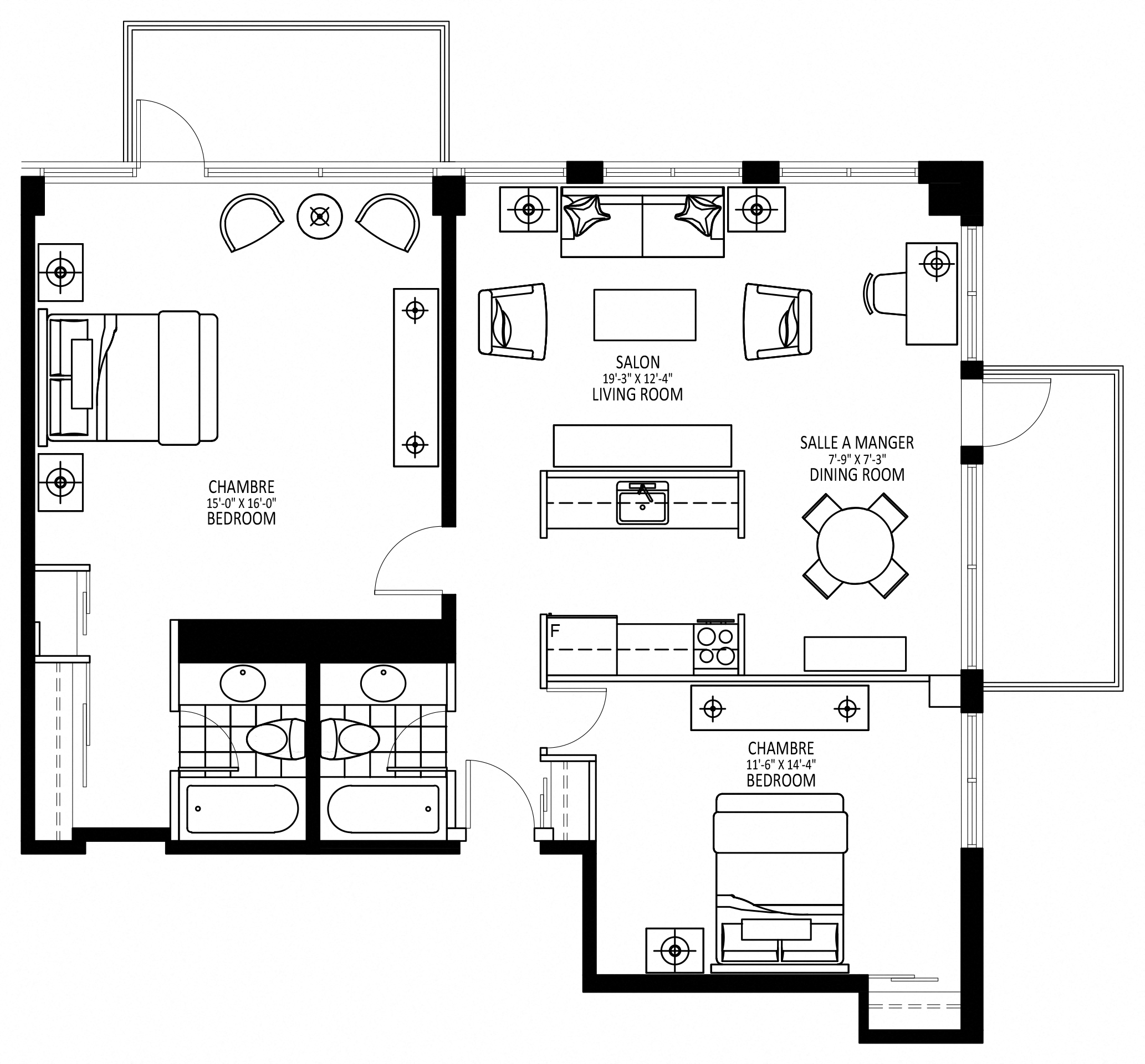 Floor plan for 2 beds, 1 bath, 975 sqft